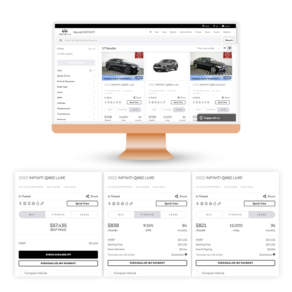 PriceStak For INFINITI, shows variety of pricing configurations available through PriceStak