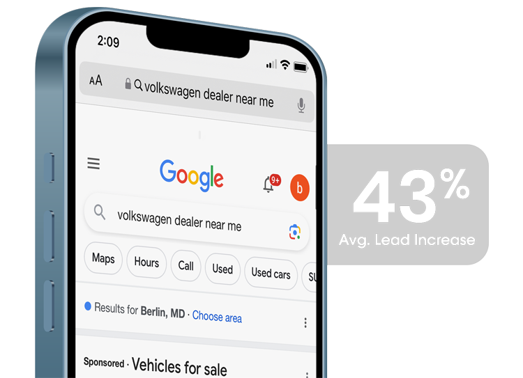 DealerOn Search Engine Optimization (SEO) Services for car dealerships, shows phone with search results page for car dealerships